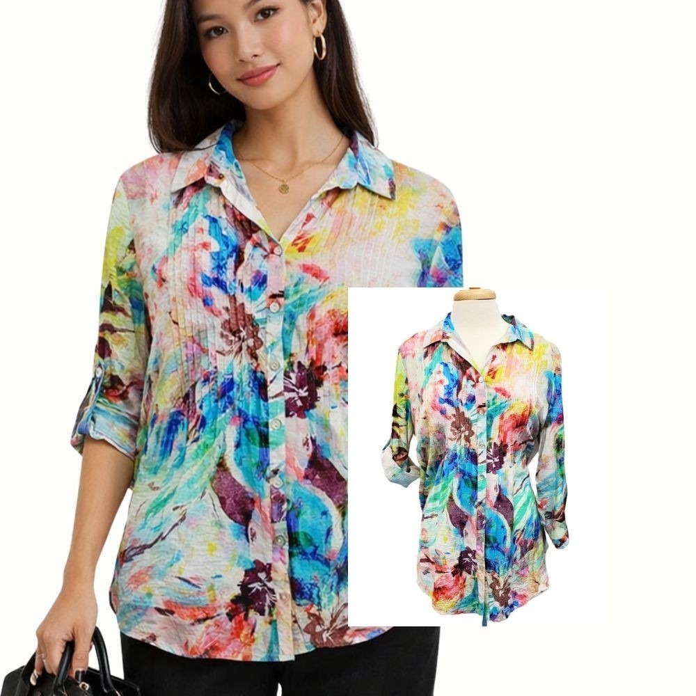 Alison Sheri Shirt Abstract Print Button Up Roll Tab Sleeve Work L